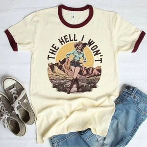 The Hell I Won't, Burgundy Collar, Unisex Graphic
Country Cowgirl Tee in Ivory